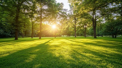 Obraz premium Sunlight Streaming Through Trees onto Lush Green Grass in a Serene Park Landscape