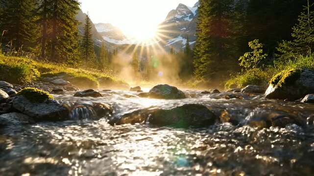 Serene mountain stream at sunrise with golden sun rays and morning mist in alpine forest landscape nature