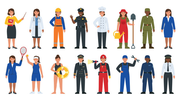 Women profession and female career uniform worker vector character set. Teacher, doctor, builder, police, chef, farmer, soldier, pilot, miner and athlete.