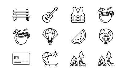 Fototapeta premium 9 leisure line icons set with bench guitar cocktail paragliding and card vector symbols
