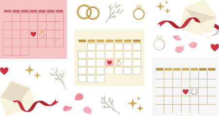 Obraz premium Wedding Planning and Save the Date Icon Set with Calendar Templates Engagement Rings Invitation Envelopes and Decorative Hearts Vector Illustration