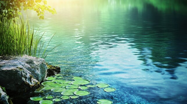 Vibrant toxic algae bloom forming on the surface of a polluted pond with soft sunlight and lakeside background
