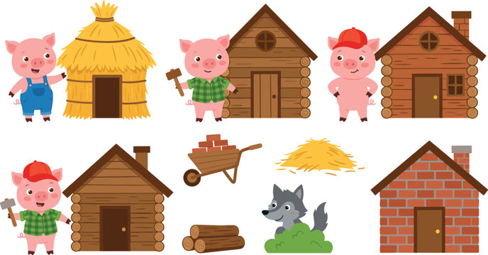 Three little pigs fairy tale character set with straw wooden and brick houses wolf wheelbarrow logs and building materials vector cartoon illustration elements