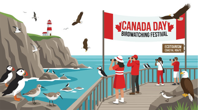 People enjoying a birdwatching festival on Canada Day at a coastal park with puffins and eagles.
