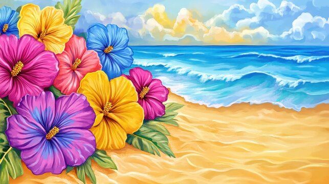 Vibrant Tropical Flowers Bordering a Serene Beach with Azure Ocean Waves Under a Bright Sunny Sky