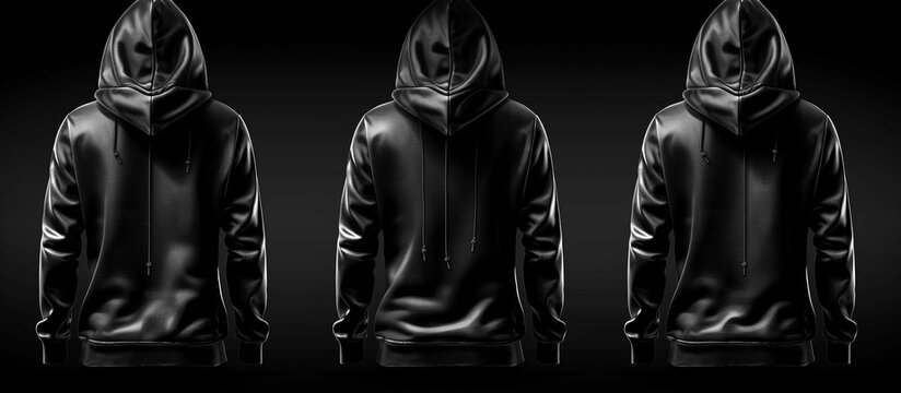 Three black hoodies, back view, dark background.