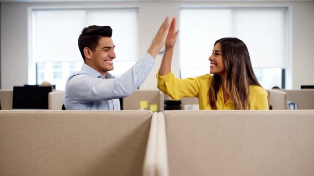 A man and woman give a high five over their cubicle walls in a bright office. They are celebrating a success at work. Ideal for business and teamwork concepts.