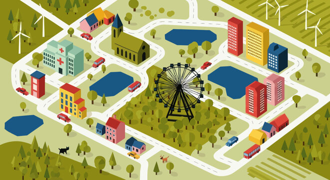 Aerial view of a vibrant amusement park with a ferris wheel surrounded by buildings, trees, and wind turbines in a suburban landscape.
