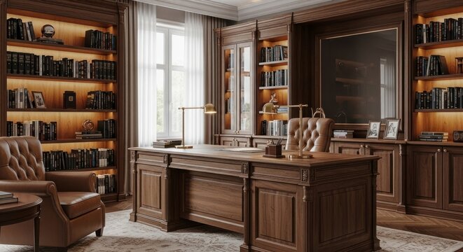 Stately classic home office with an ornate wooden desk and warmly lit bookshelves.