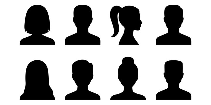 Flat illustration. Eight icons. Black silhouette of men and women. Avatar, user profile, person icon, profile picture. Suitable for social media profiles, icons, screensavers and as a template.