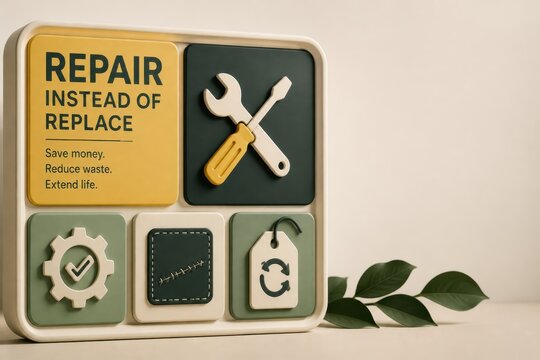 Repair instead of replace sustainable 3D illustration with tools and copy space