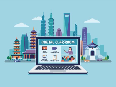 Modern Digital Classroom Vector Illustration Showcasing Online Learning Features with Live Lessons Video Conferences and Assignments education conference students teacher