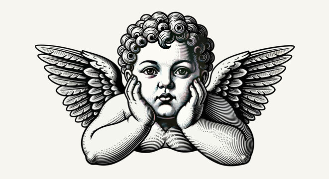 Illustration of a cherub with curly hair and wings resting on hands