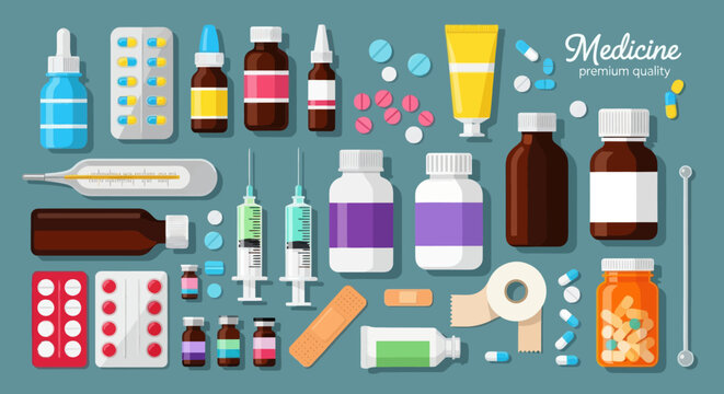 The assortment of various medicine and pills on a table indoors closeup