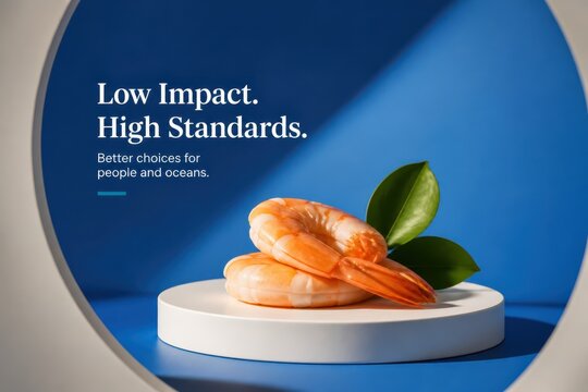 Shrimp on pedestal with green leaves in blue sustainable food concept
