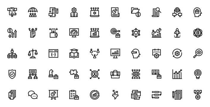Business intelligence icon set. Minimal line icons pack. Features icons for commitment, risk management, backend, API, data analytics, cloud computing, dashboard, strategy, decision making, report, pr