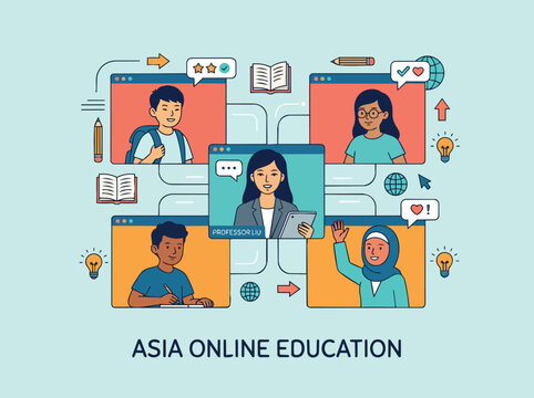 Diverse Students Engaged in Virtual Classroom Learning with Professor via Online Education Platform Flat Style Vector Illustration interactive teaching digital