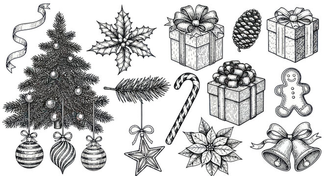 Christmas decorations and gifts are arranged on a table indoors.