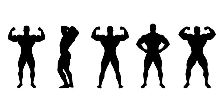 Muscular bodybuilder vector silhouette illustration isolated on white background. Sport man strong arms. Body builder athlete showing muscles. Boy with muscular body pose exhibition in competition.
