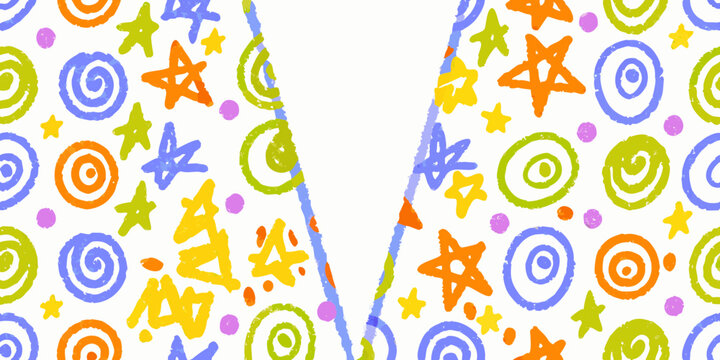 Colorful crayon style star and swirl pattern on a white background