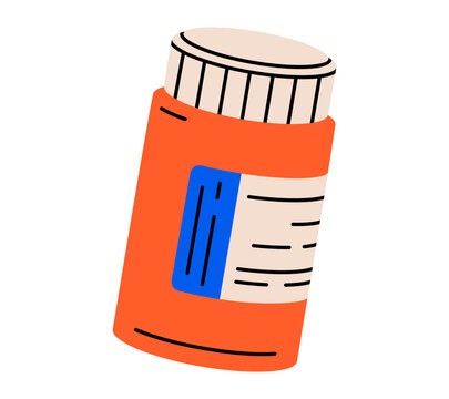 Hand drawn illustration of pills bottle. Flat vector plastic pharmaceutical container for tablets doodle. Medical drug prescription. Dietary supplements or vitamins jar sticker, icon. Isolated.