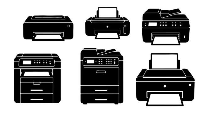 Flat Vector Printer and Photocopier Icon Silhouette Set