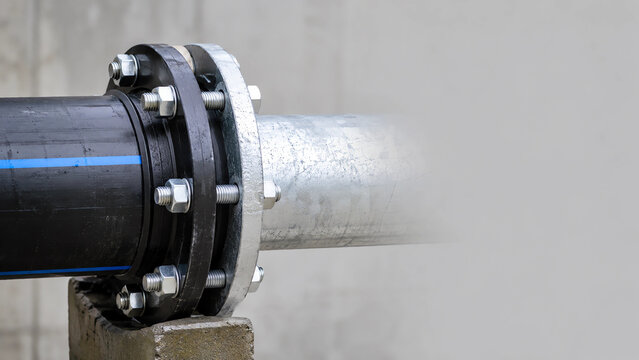 Close Up HDPE to Galvanized Steel Drinking Water Pipe Connection Using Loose Flange Joint