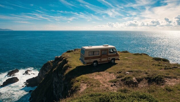 Vintage retro camper van parked on a scenic coastal cliff overlooking the vast blue ocean during a summer road trip adventure capturing the essence of freedom and nomadic wanderlust lifestyle.