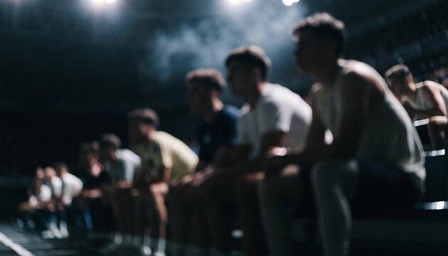 Athletic sports team members intensely watching a live match from the sidelines under powerful stadium spotlights, capturing the competitive spirit, teamwork, and drama of professional competition.