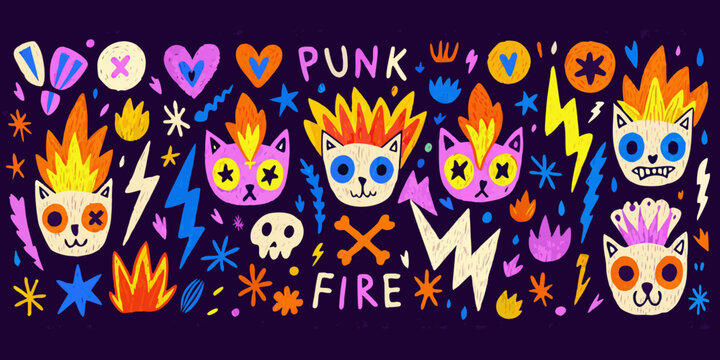 Punk doodle collection with hearts skulls and lightning bolts on dark background