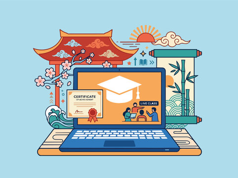 Educational Achievement Certificate Awarded in Live Online Classroom Vector Illustration with Graduation Cap and Students Learning education diploma award tracing