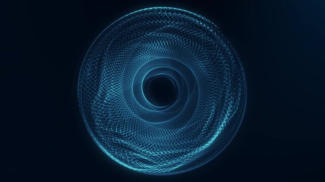 A luminous cyan spiral sphere radiates from a dark background, blending geometric motion and energy for science concepts, digital branding, and futuristic technology visuals.