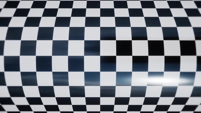 Black and white checkerboard pattern with spherical distortion rotating as a seamless loop animation, abstract glossy grid background for broadcast, music video and creative content 16:9