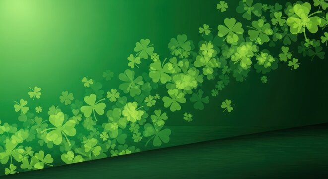Green shamrocks on a green background. The St. Patrick's Day concept of luck and celebration.