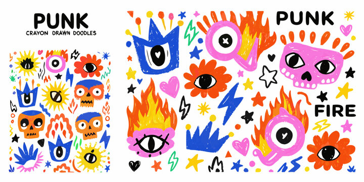 Punk crayon drawn doodles and fire elements colorful vector illustration