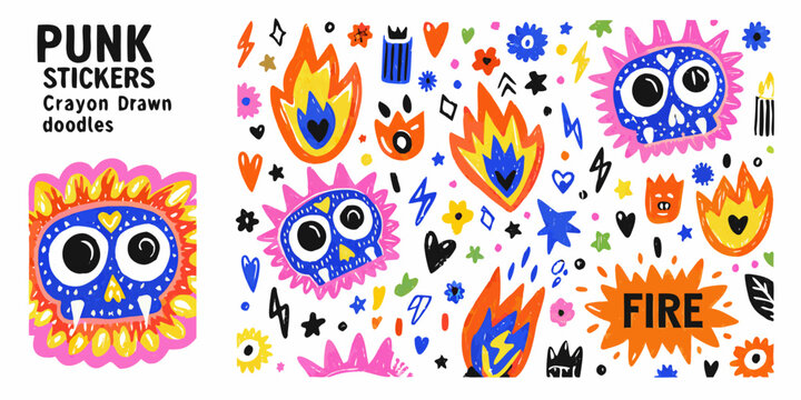 Punk rock crayon drawn doodles and sticker elements vector illustration