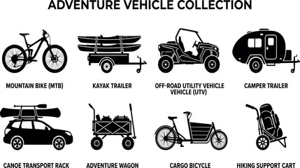 Adventure vehicle silhouette collection with mountain bike, kayak trailer, camper, cargo bicycle, and hiking cart © MdShihabUddin