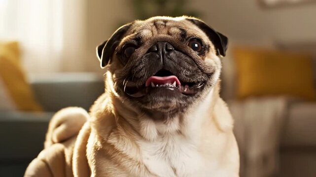 Closeup portrait of an adorable pug dog looking at the camera with a curious and surprised expression