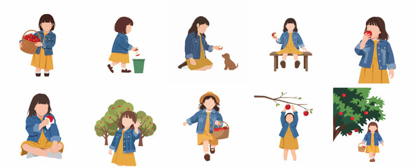 Fototapeta premium Cute little girl illustration set picking and eating apples in the orchard garden