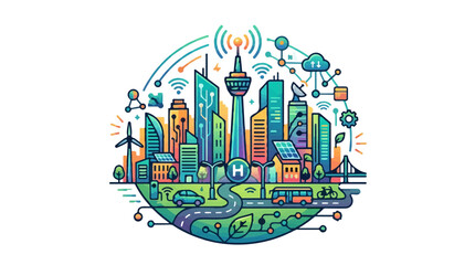 Obraz premium Colorful smart city concept icon featuring sustainable infrastructure and advanced digital connectivity integrated into a modern urban landscape illustration
