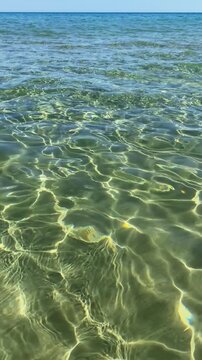 Scenic view of crystal clear turquoise sea water with sun reflections on the sandy seabed and a clear horizon line. Summer vacation on a beach in Kato Gouves, Crete