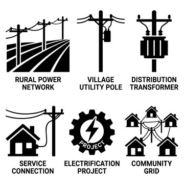 Rural power distribution and community electrical network icons with electricity