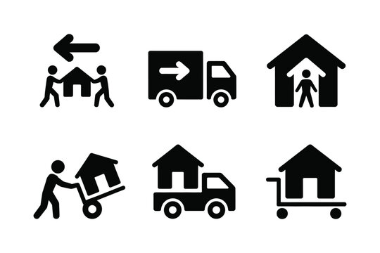 Moving house icon set featuring people relocating with trucks, boxes, hand carts and transportation equipment vector illustrations.
