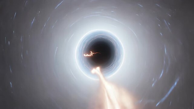 blackhole fpv drone firstperson space accretion gravity cosmos flight singularity The viewpoint accelerates toward a dark gravitational center surrounded by a luminous accretion disk expressing cosmic