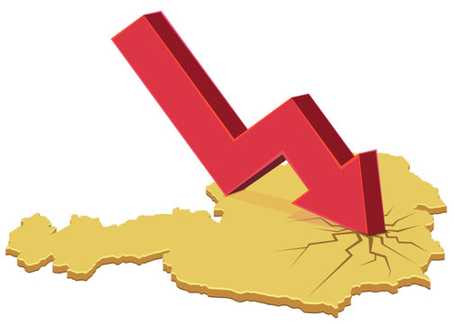 Vector artwork symbolizing economic decline, financial recession, market crash, or demographic drop hitting the map of Austria with a destructive downward red arrow, (cut out)