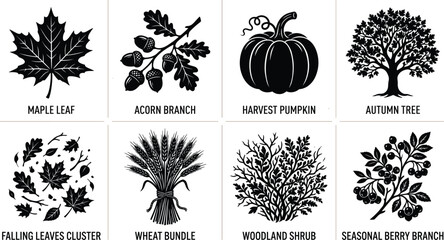 Autumn Nature Silhouettes Collection with Leaves Pumpkin Acorn Wheat and Tree ElementsAutumn Nature Silhouettes Collection with Leaves Pumpkin Acorn Wheat and Tree Elements © MdShihabUddin