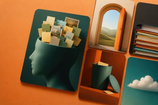 Surreal 3D collage with head notes window and abstract cards