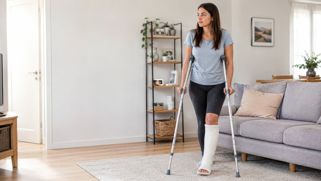 A young woman with a leg cast uses crutches to walk through a bright, modern living room with neutral decor and a gray sofa.