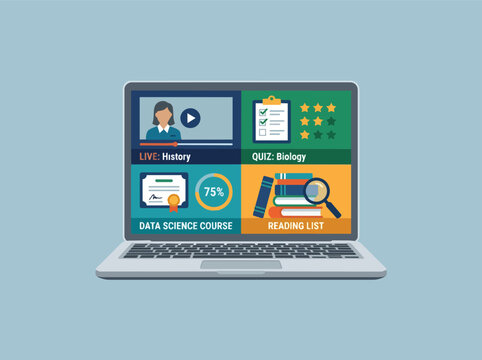 Modern Flat Design Vector Illustration of Online Learning Dashboard with Live Lecture Quiz Course Progress and Reading List Icons education