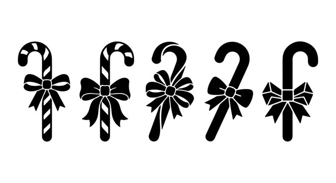 Black and White Candy Cane Icons, Festive Christmas Sweets, Simple Holiday Treats, Vector Graphics Set